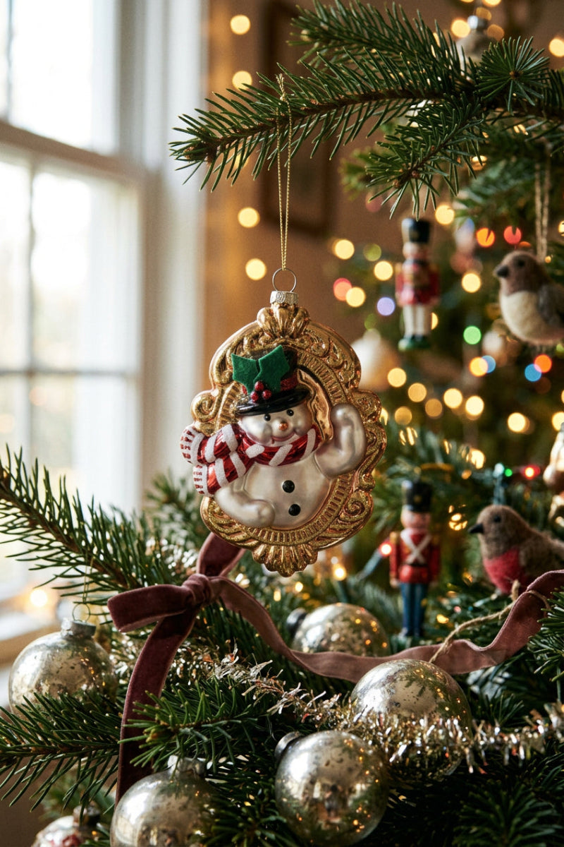Blown Glass Ornate Oval Disk Snowman Ornament 5.25" Gold