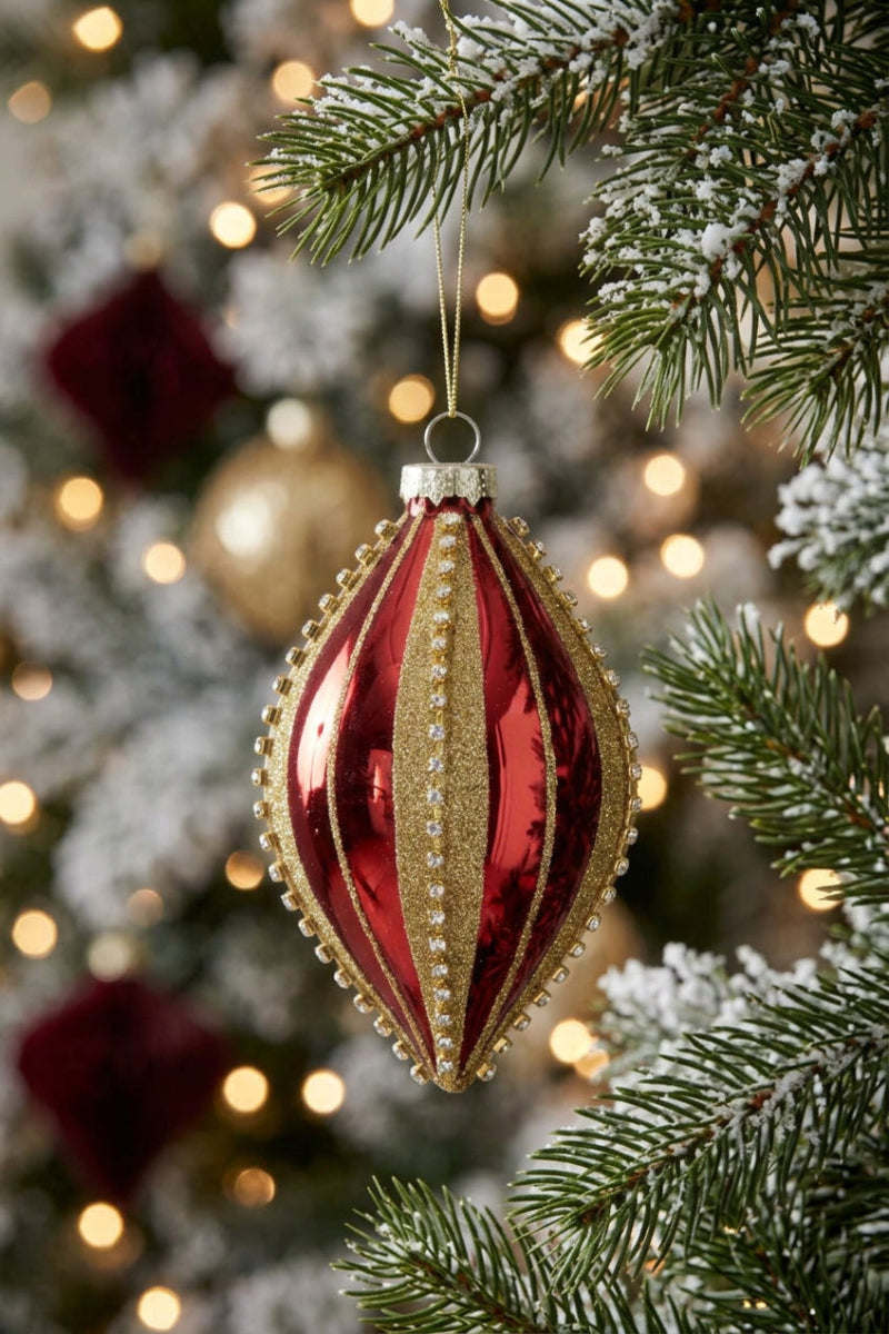 Gold Glittered Jewel Striped Red Mirrored Glass Teardrop Ornament 5.75"