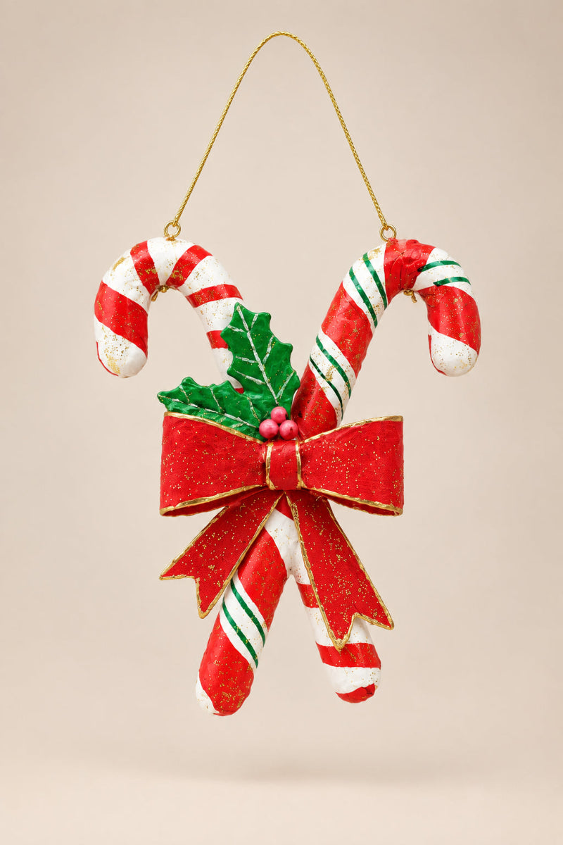 Handmade Metal & Paper Candy Cane Wall Decor with Bow & Holly Leaves