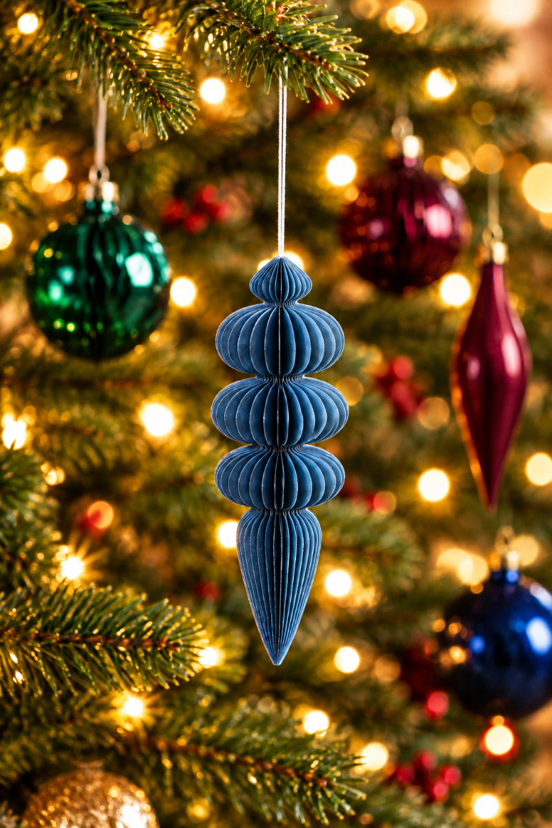 Recycled Paper Folding Honeycomb Finial Ornament with Gold Glitter Edges 18" Blue