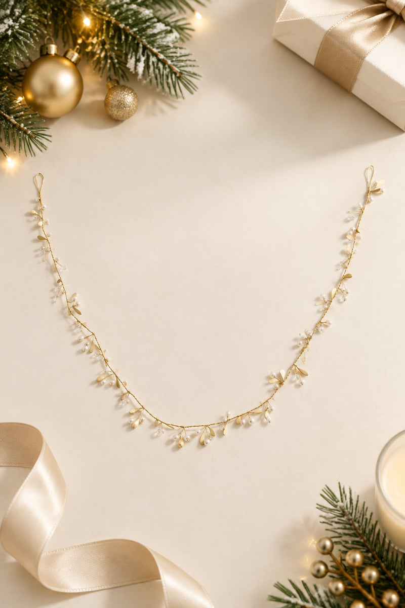 Metal Mistletoe Garland with Faux Pearls 72" Gold Finish