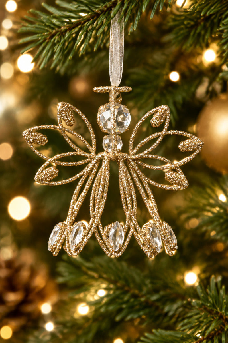 Glittered Angel With Rhinestones Ornament 4.5" Champagne