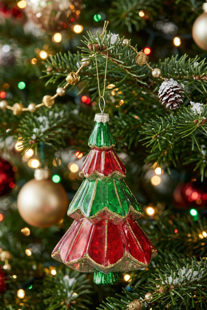 Glass Tree Ornament 5.75" Red & Green