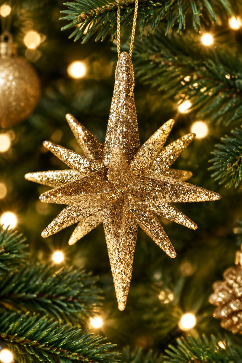 Glitter Star Ornament 6" Gold