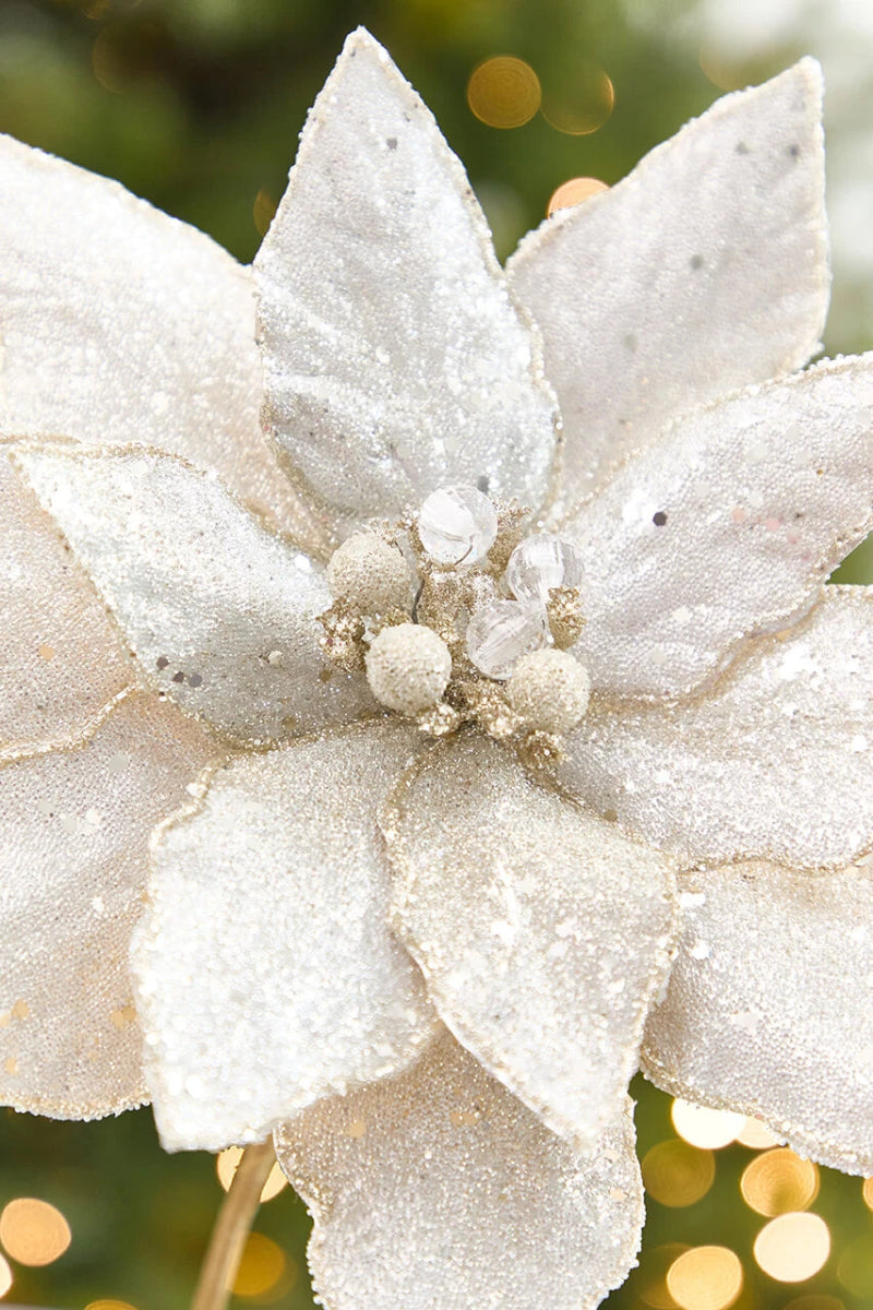 Faux Glitter Jeweled Poinsettia 21" Platinum