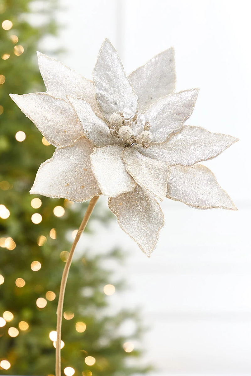 Faux Glitter Jeweled Poinsettia 21" Platinum