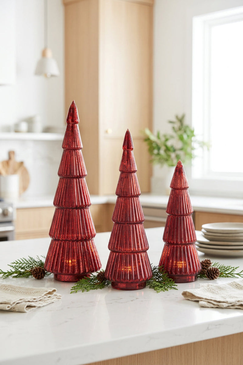 Ribbed Mercury Glass LED Tree Small Red