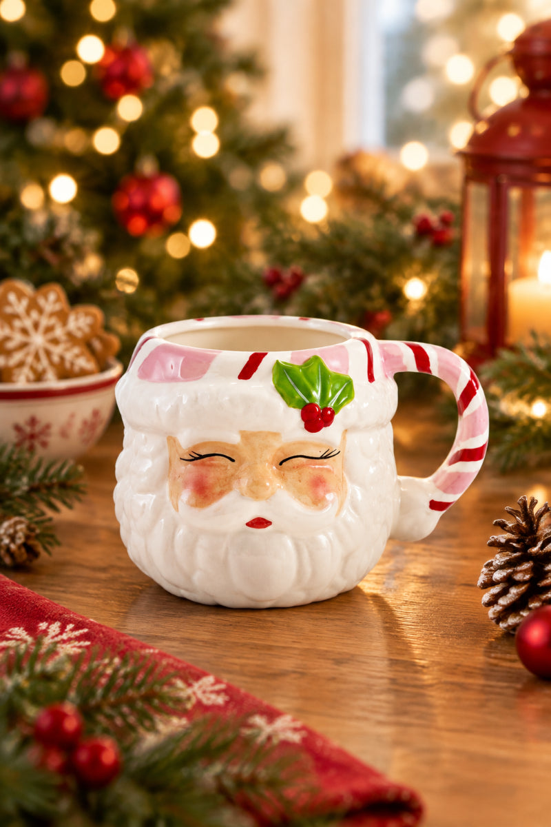 Hand-Painted Ceramic Santa Head Shaped Mug 12 oz
