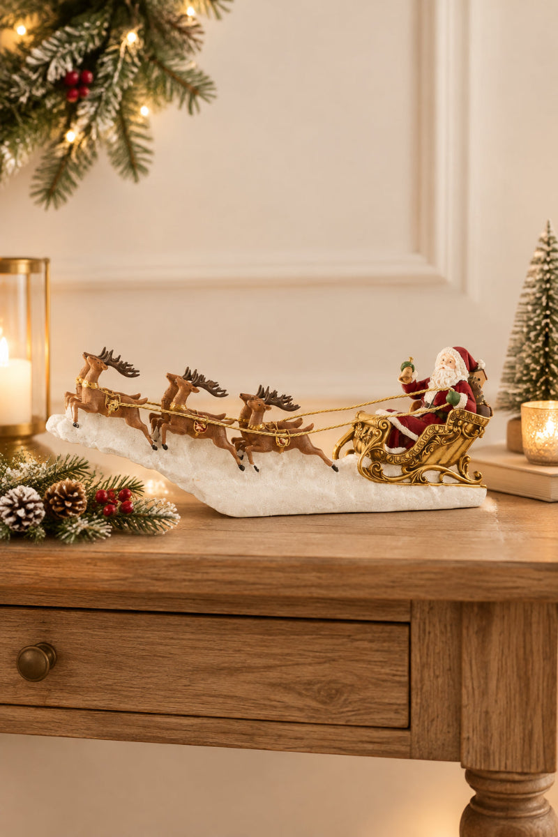 Santa In Sleigh With Deer 25" Gold