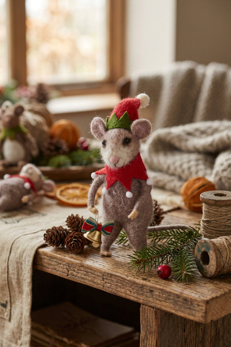 Wool Mouse Holding Bell 6"