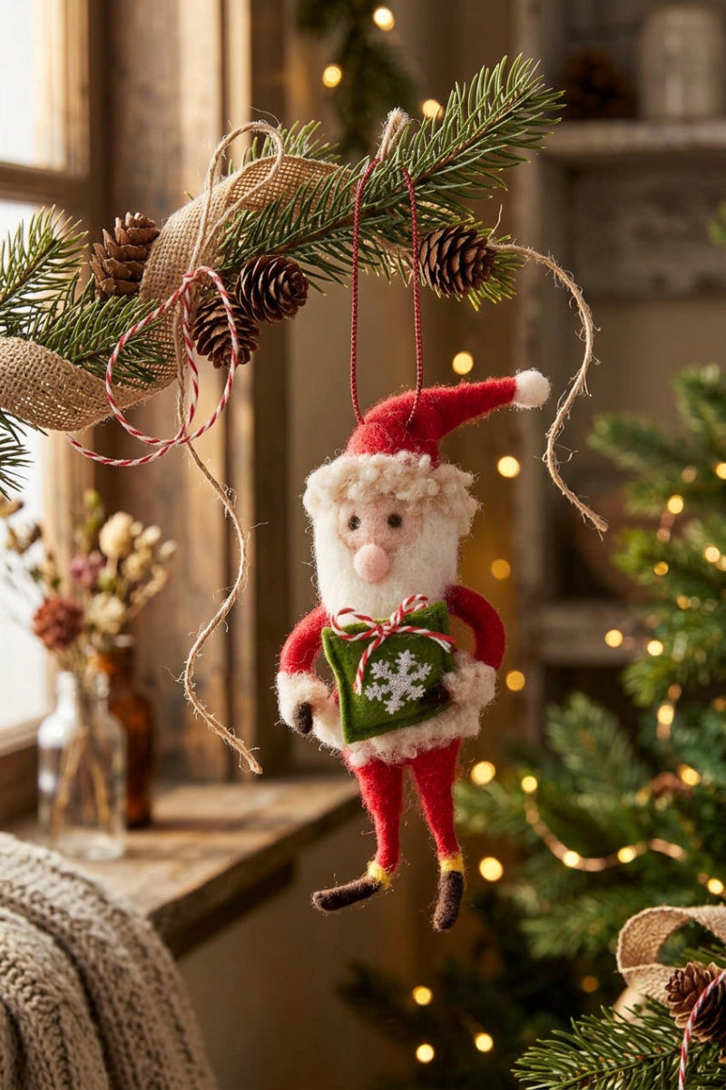 Wool Santa w/Green Present Ornament 5.25"