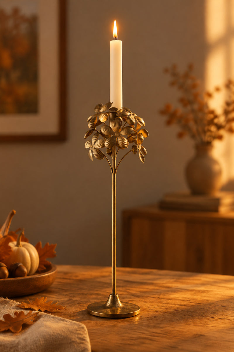 Metal Flower Taper Candleholder 19.5" Gold