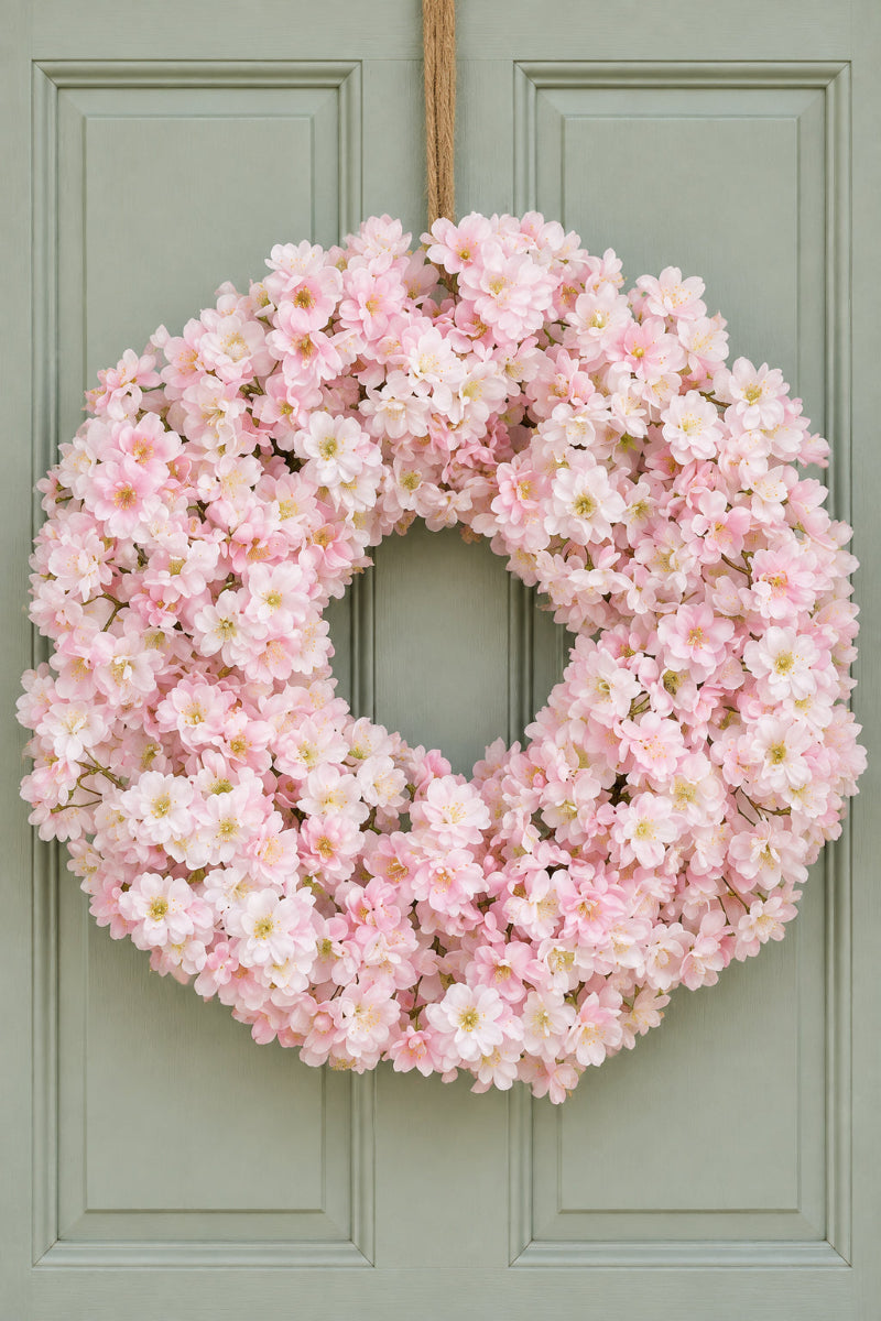 Faux Cherry Blossom Wreath 24" Blush