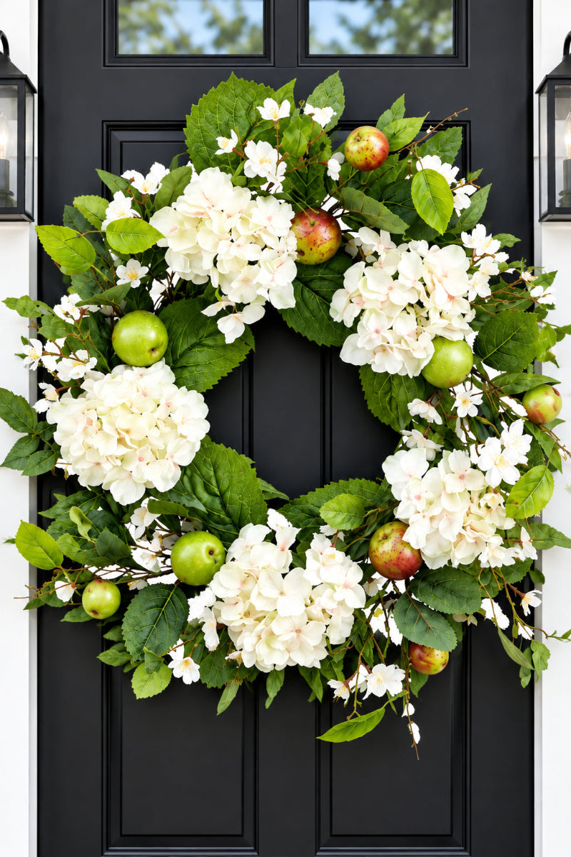 Faux Hydrangea Blossom and  Apple Wreath 24" White & Green