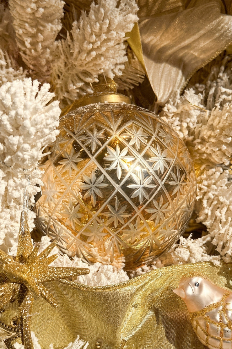 Etched Glass Ball Ornament 5" Gold Luster