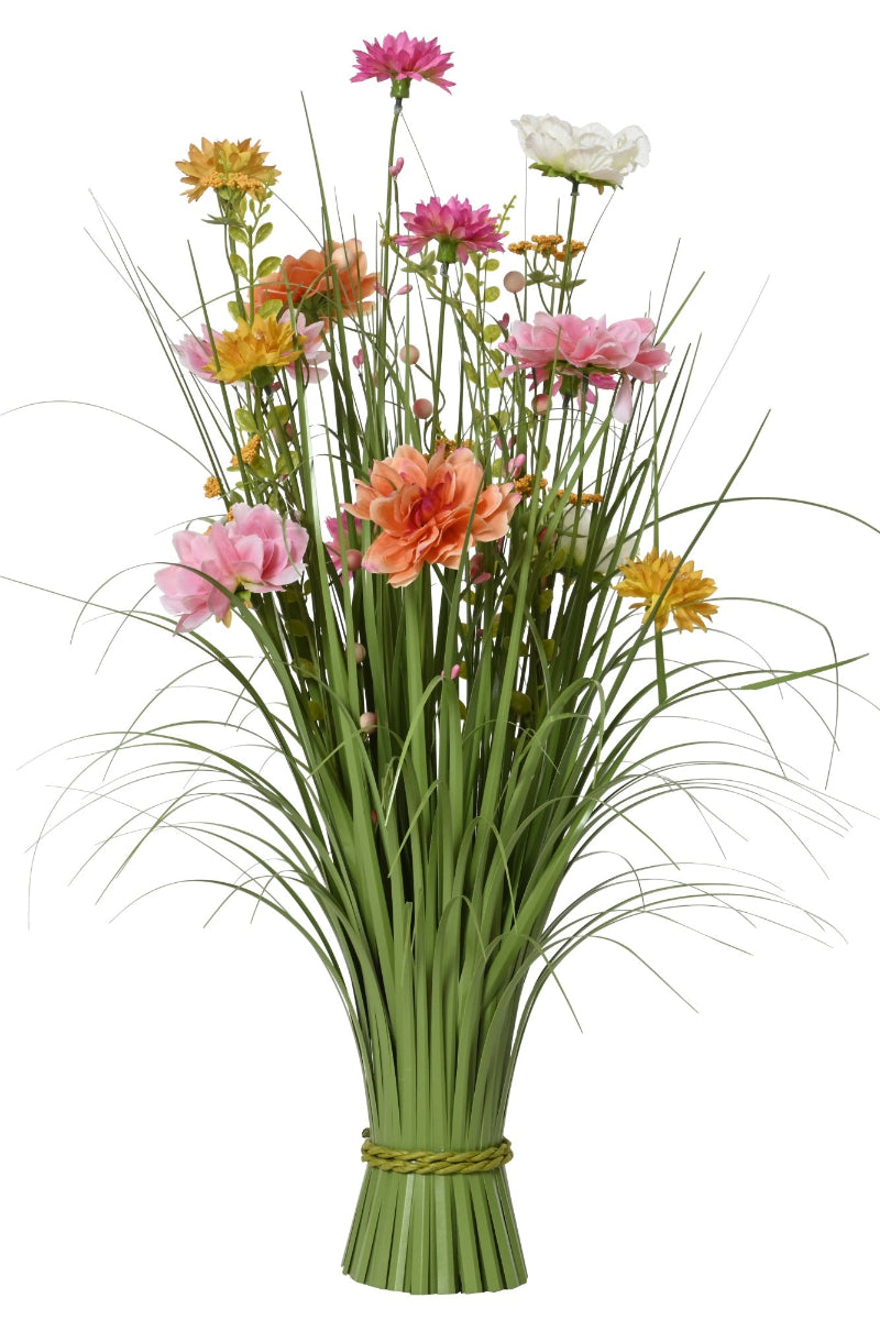Faux Grass with Chrysanthemum & Geranium Flowers Bouquet Pink & Green
