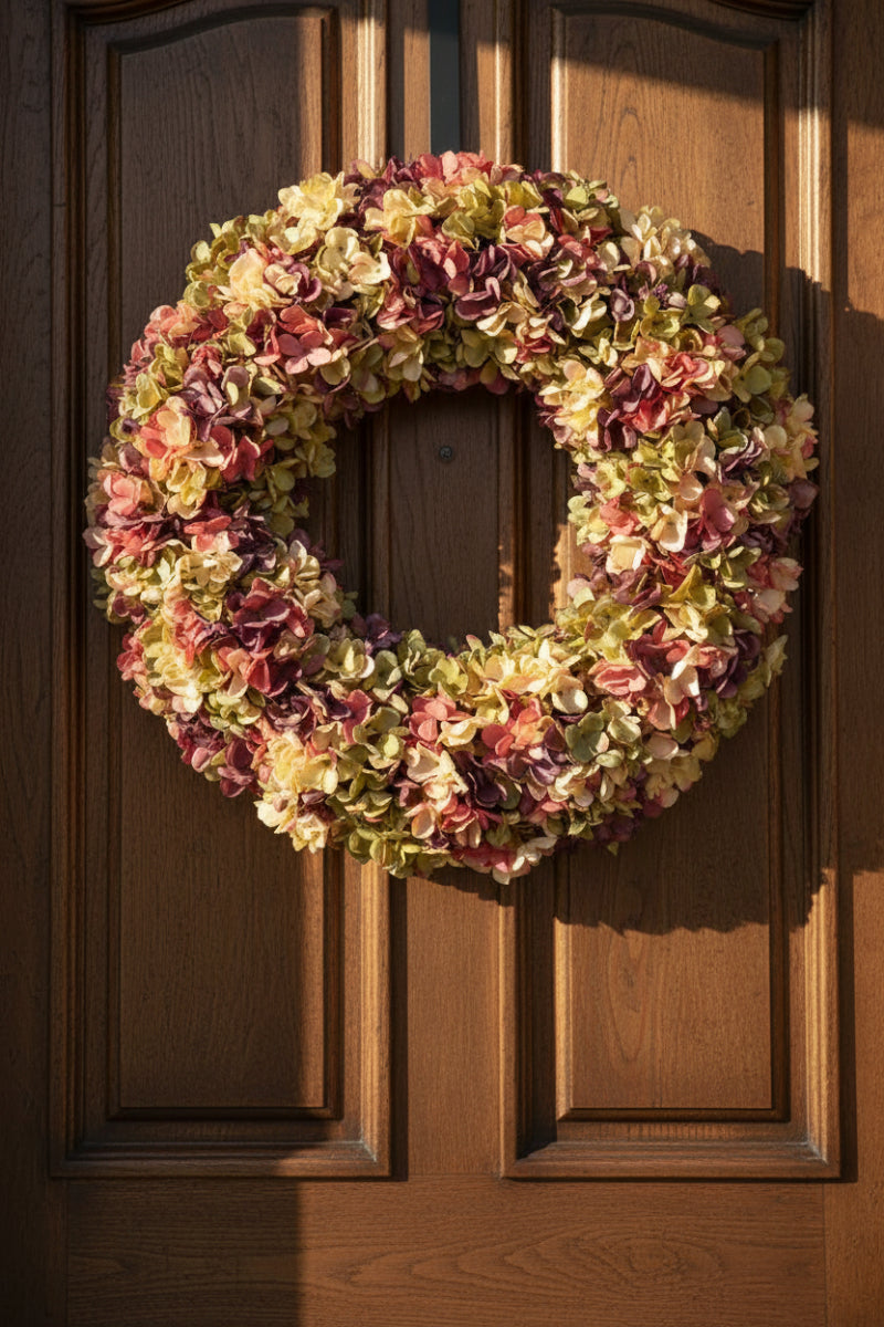 Faux Hydrangea Wreath 18" Green & Purple