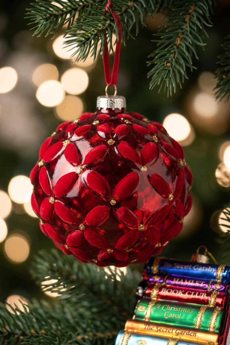 Flocked Basket Weave Ball Ornament Large Red