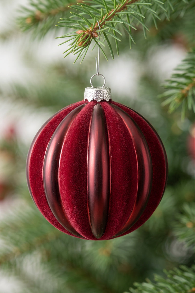 Flocking Striped Ornament Ball Burgundy