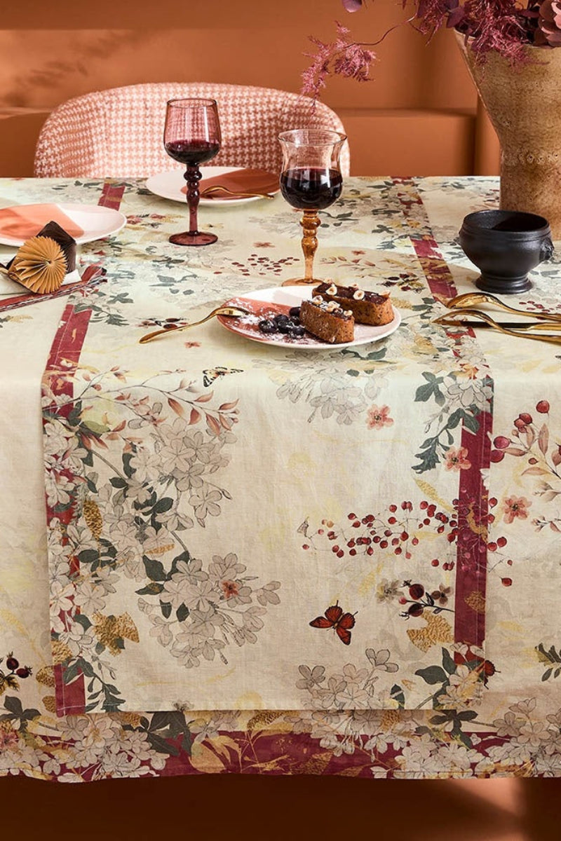 Garnier-Thiebaut Vintage Flowers Table Runner 20"x61" Cranberry