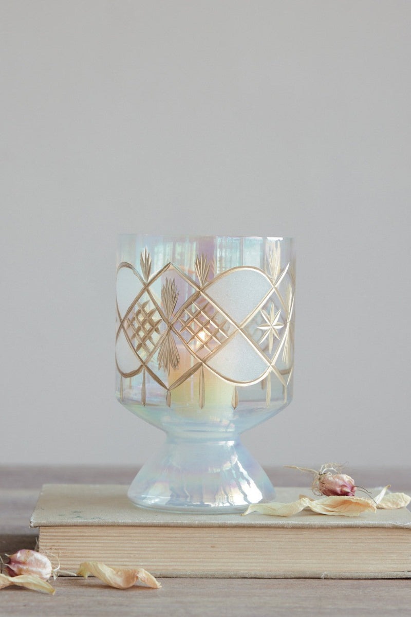 Hand-Blown Etched Glass Footed Tealight Votive Holder with Design, Iridescent & Gold Finish