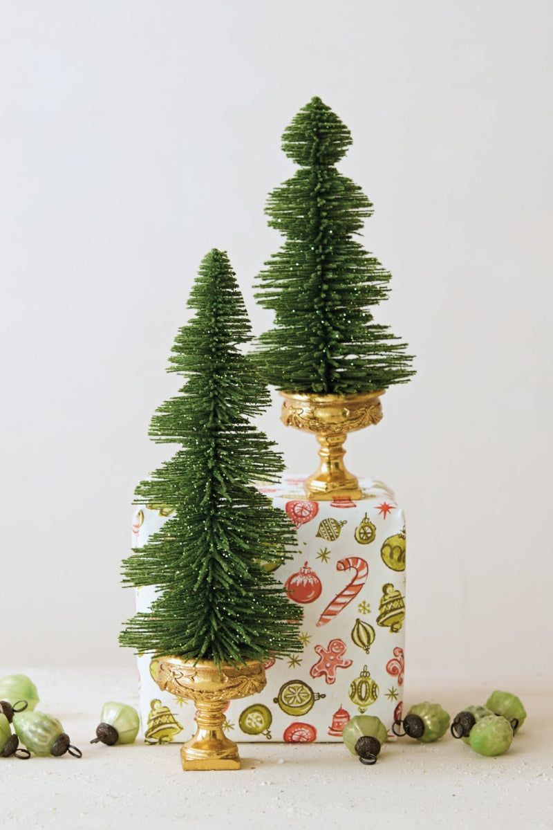 Bottle Brush Tree with Glitter & Urn Base 10.5" Green & Gold Finish