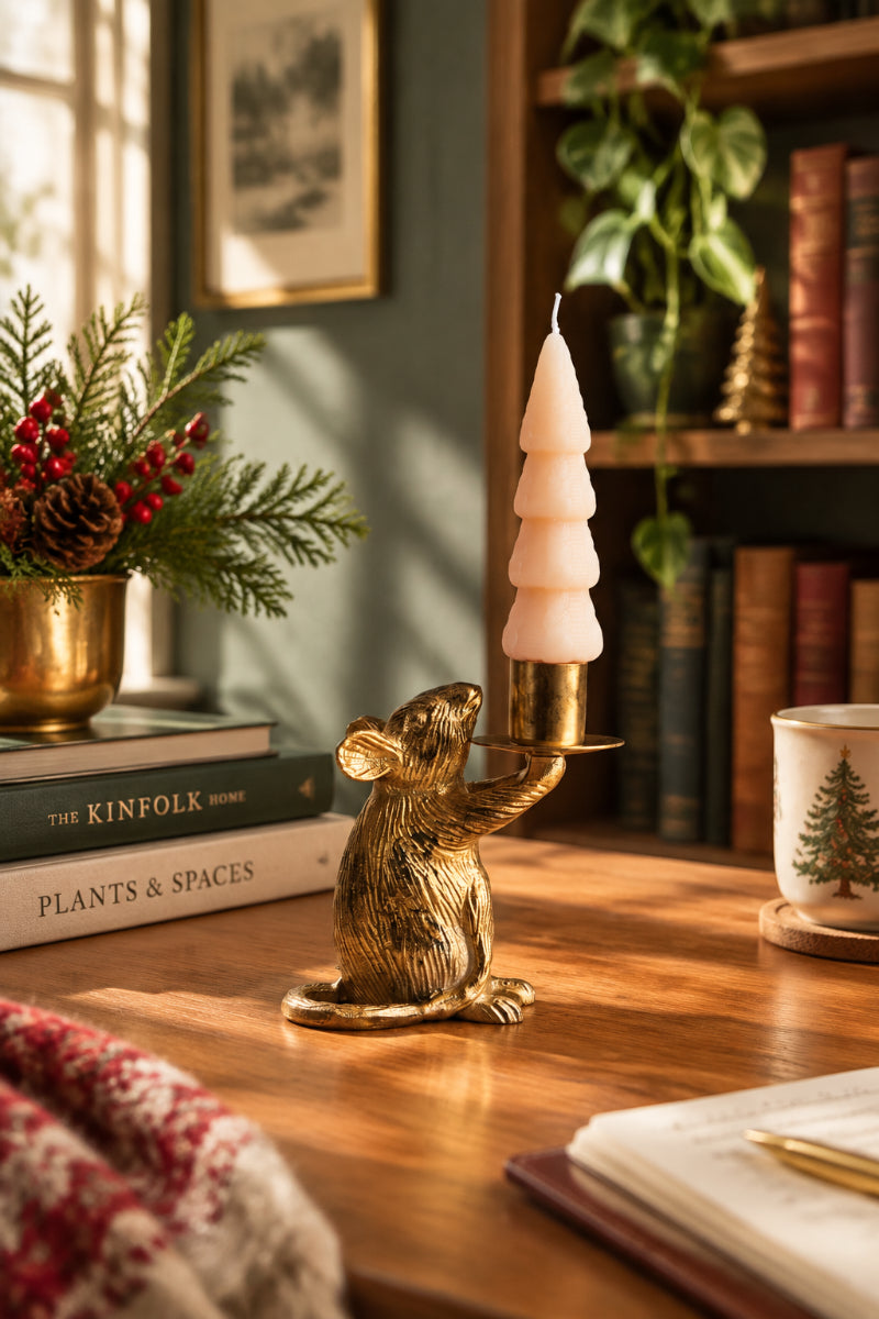 Candle Holder Taper Mouse Cast Aluminum Gold Finish