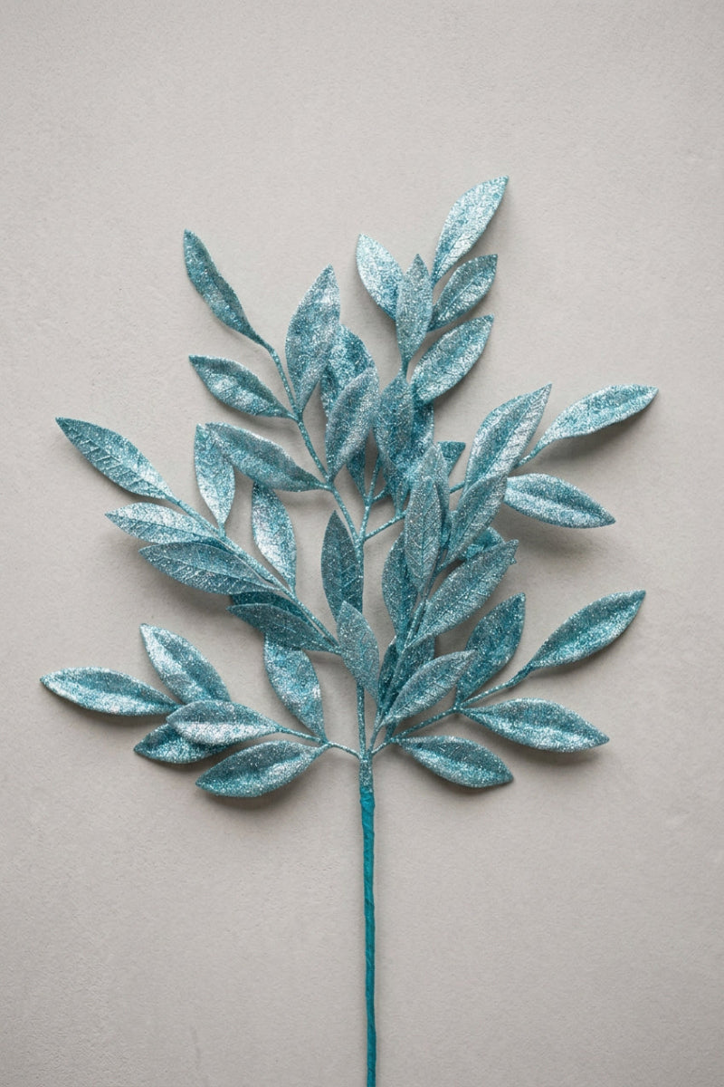 Faux Bay Leaf Glittered Spray 23" Glacier Blue