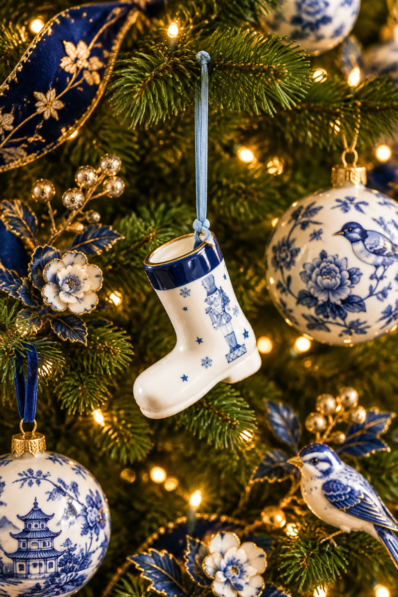 Ceramic Boot Ornament with Nutcracker White & Blue