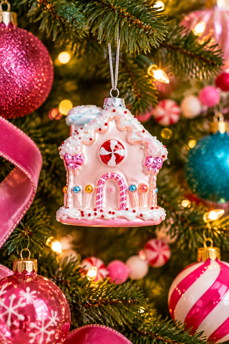 Hand-Painted Glass Candy House Ornament with Glitter & Beads