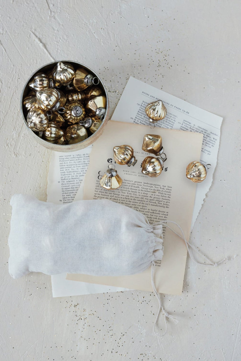 Embossed Mercury Glass Ornaments in Muslin Bag Gold Finish Set of 36