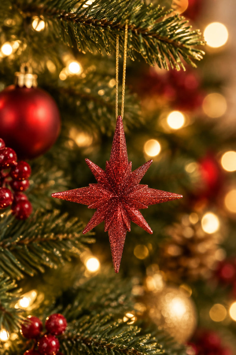 Nine Point Glitter Star Ornament 2" Red