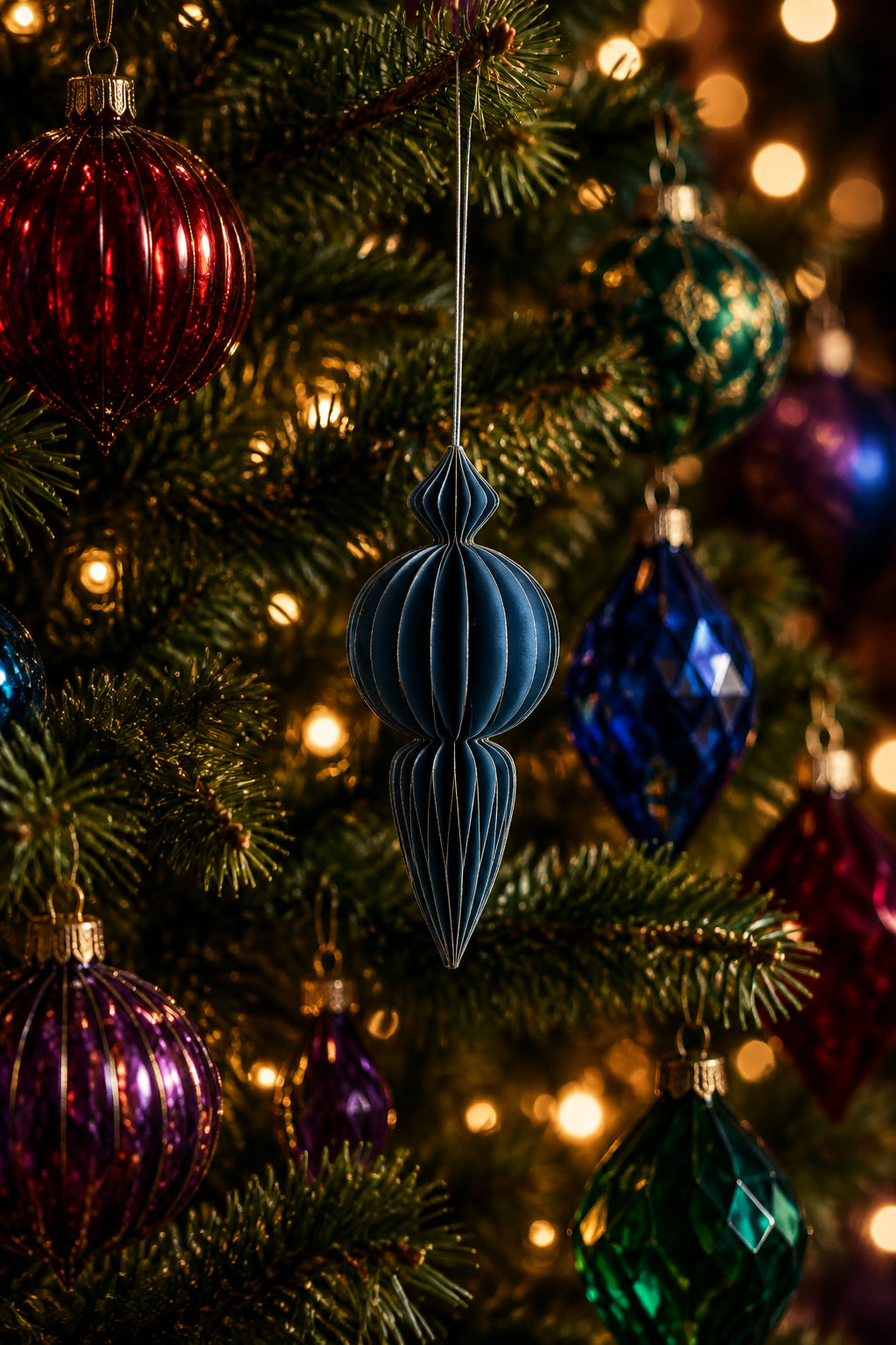 Recycled Paper Folding Honeycomb Finial Ornament with Gold Glitter Edges 9" Blue