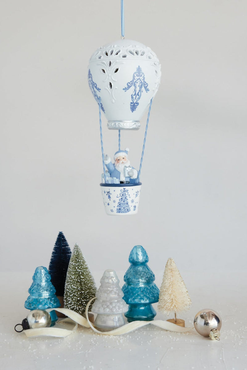 Resin Hot Air Balloon Ornament with Design, Santa, Gifts & Tree White & Blue