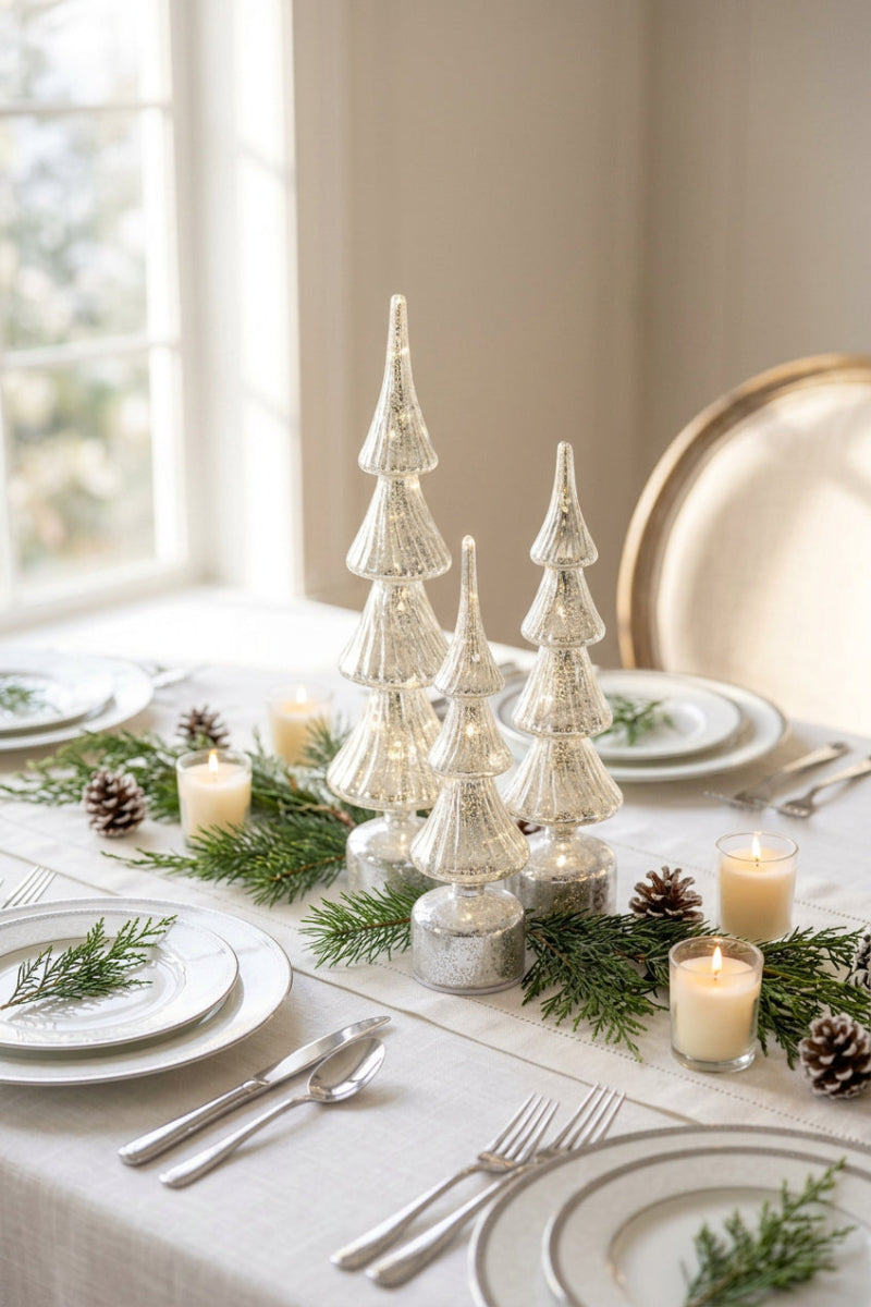 Rotating Ribbed Mercury Glass LED Tree Large Silver