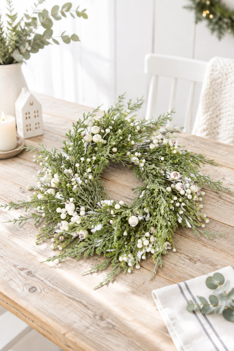 Faux Snowy Cypress Pine Candle Ring/Wreath with Pearls 22"