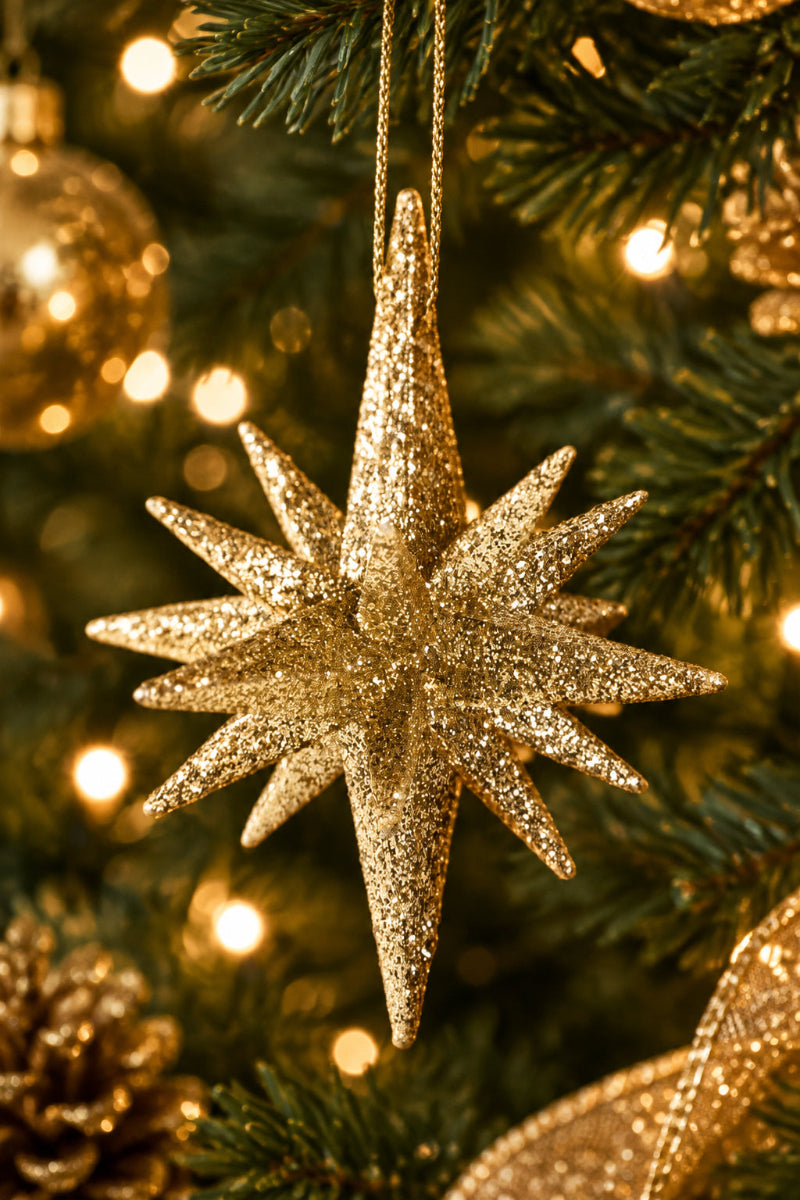 Nine Point Glitter Star Ornament 2" Gold