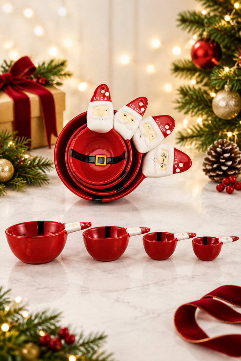 Ceramic Santa Shaped Measuring Cups, Red, White & Black Set of 4