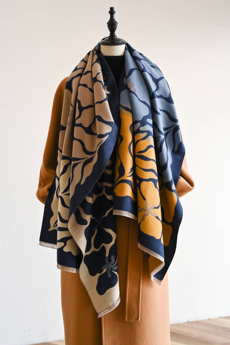 Marsh Fern Reversible Wrap Blue & Camel