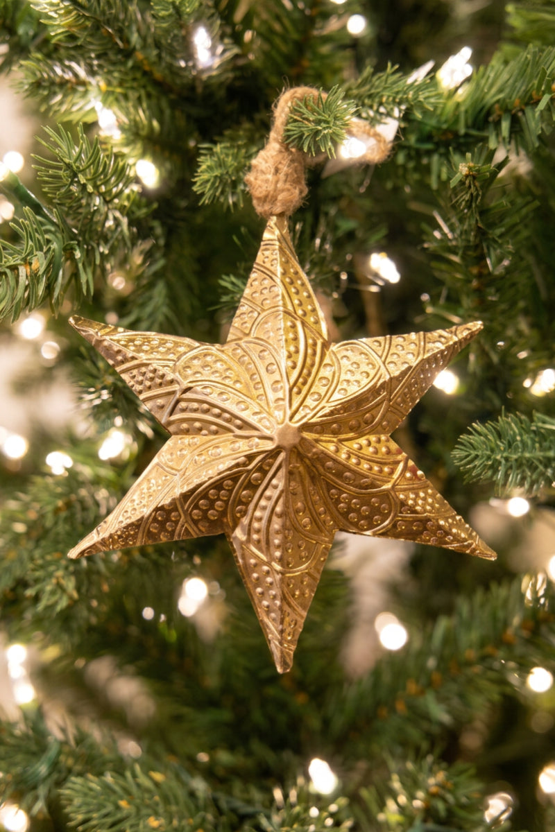 Embossed Metal Star Ornament 8" Gold