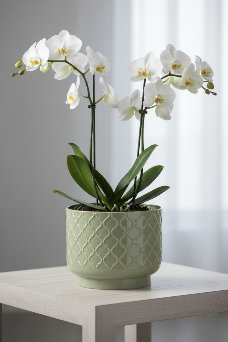 Metal Quatrefoil Pot Large Sage Green & Taupe