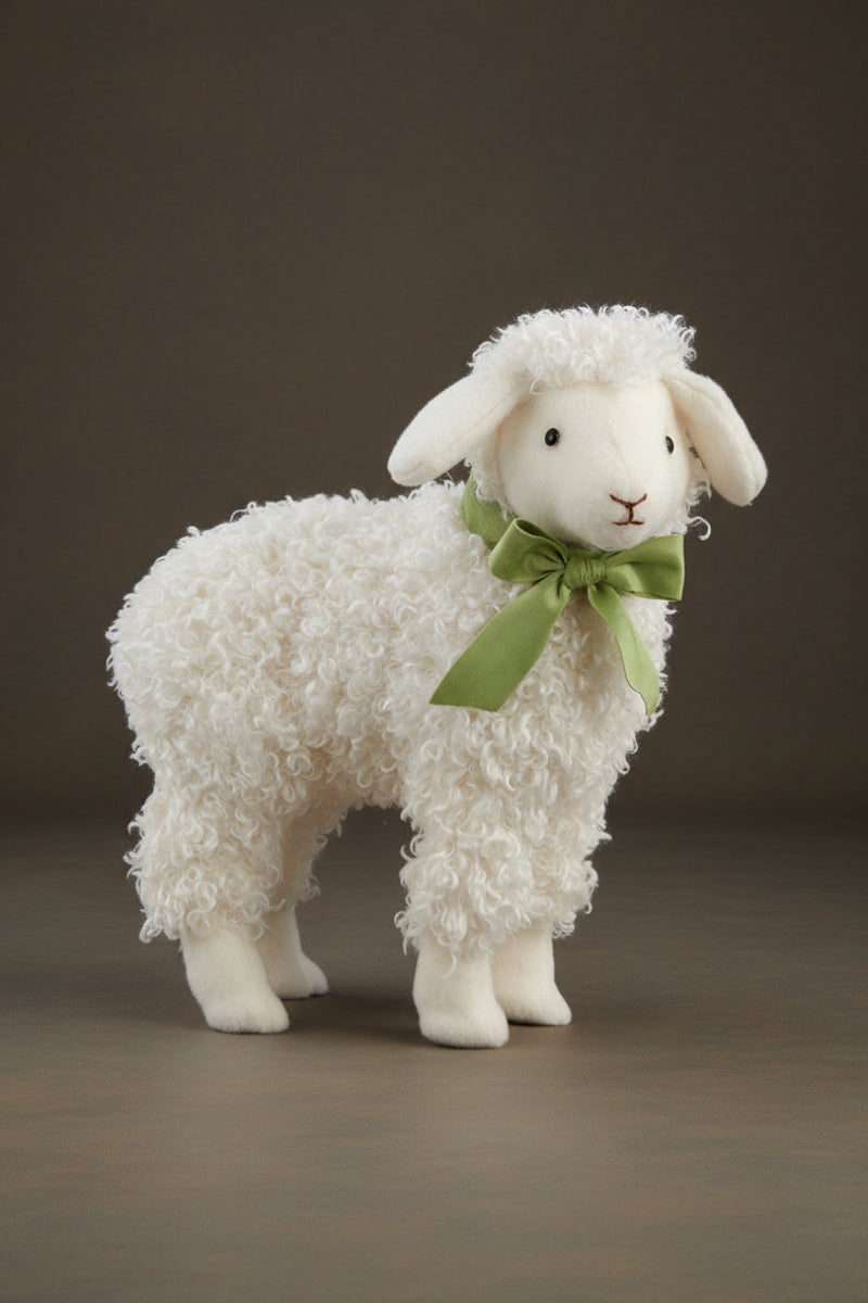Standing Fuzzy Sheep 13.5"  White with Green Bow