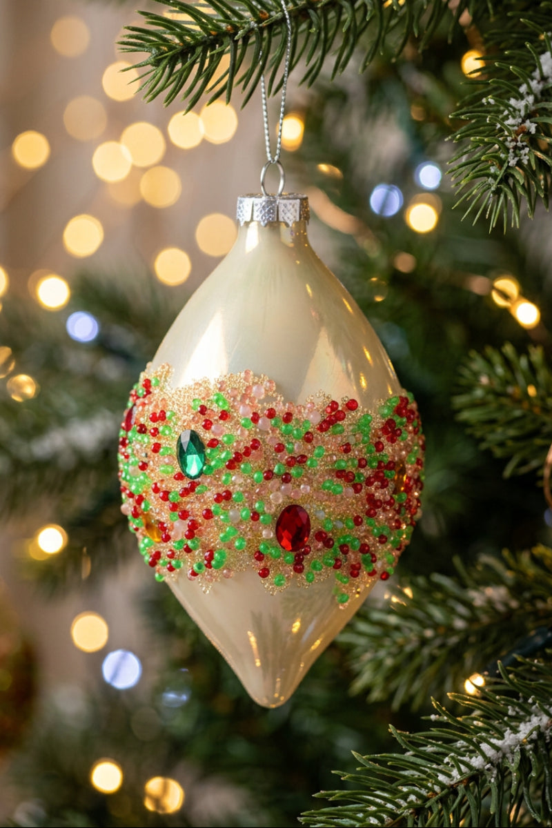 Shiny Beaded Finial Ornament 3"x6" Cream Multi
