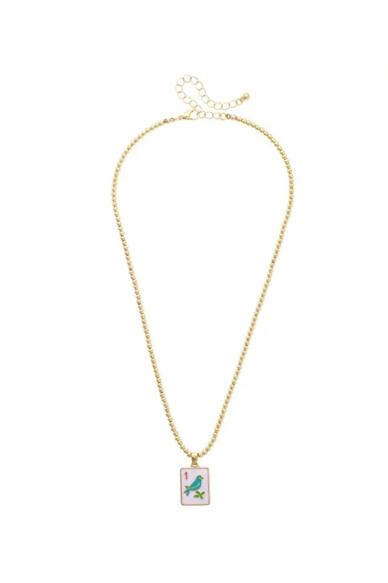 Sparrow Mahjong Tile Ball Bead Necklace in White