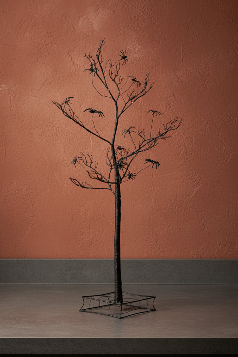 Black Web Base Spider Tree with Orange LED Lights 50.75"