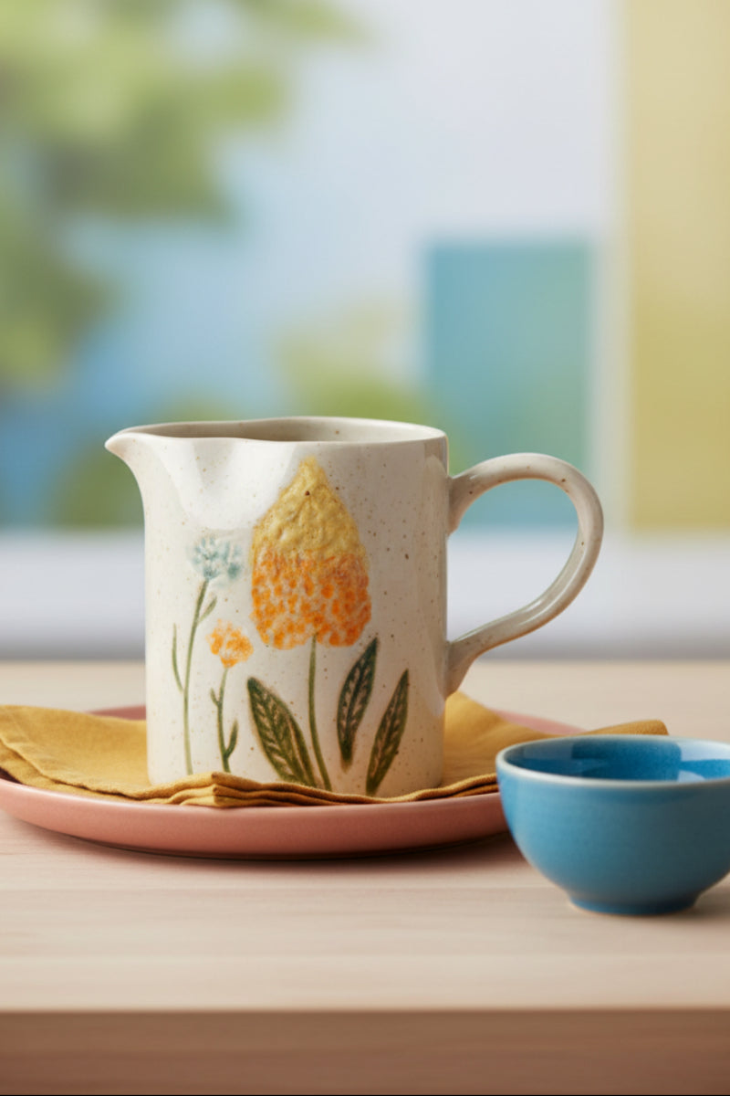 Hand-Painted Stoneware Creamer with Flowers
