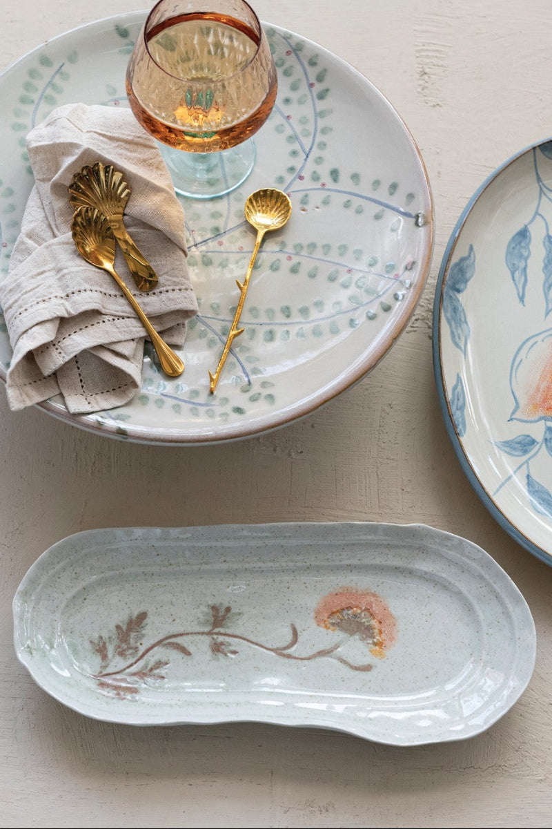 Hand-Painted Stoneware Organic Shaped Platter with Flowers