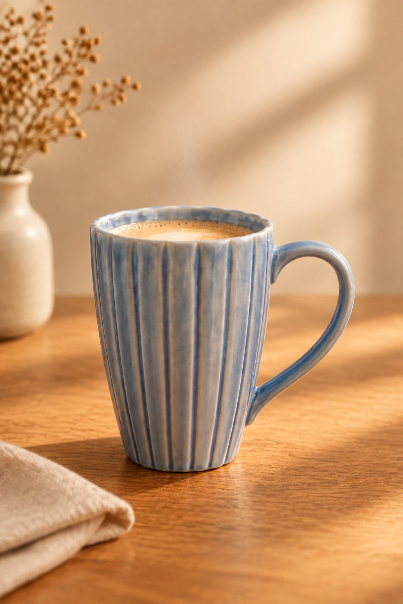 Stoneware Ribbed Mug Reactive Glaze Light Blue