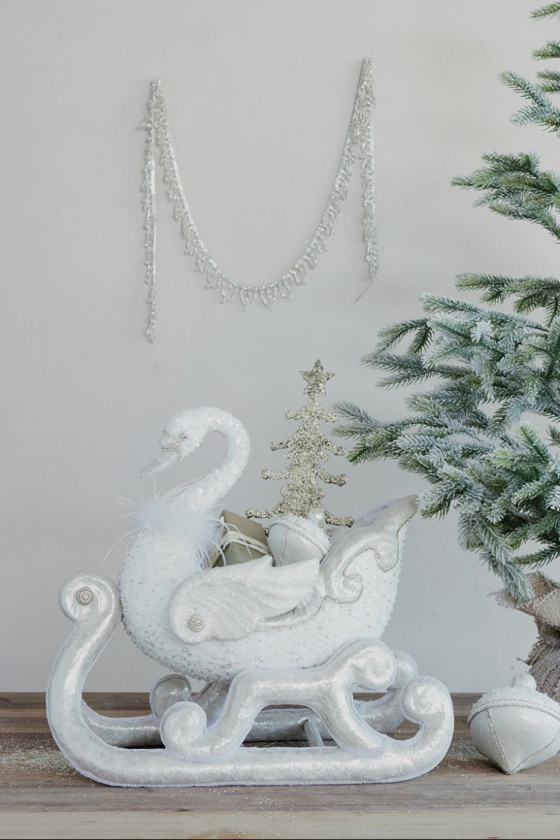 Swan Shaped Sleigh with Glitter, Sequins & Feathers White