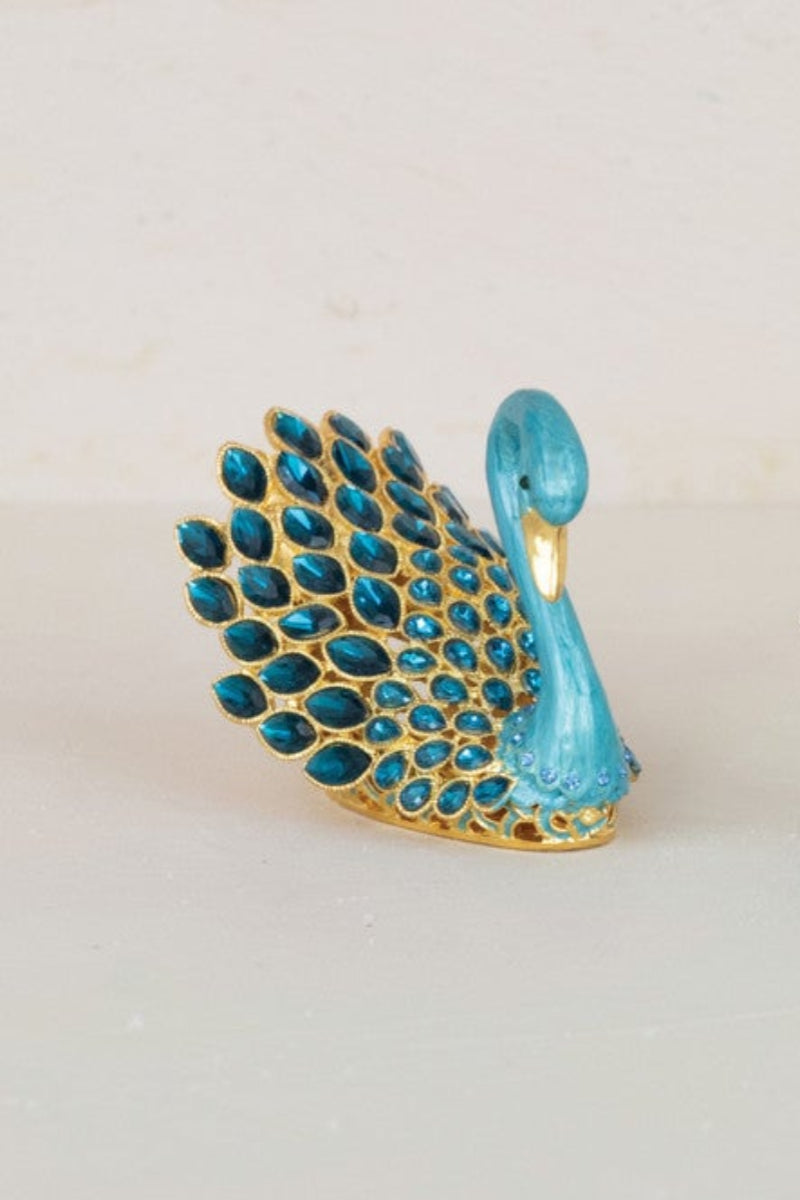 Enameled Metal Swan Shaped Trinket Box with Jewels Gold & Blue Finish